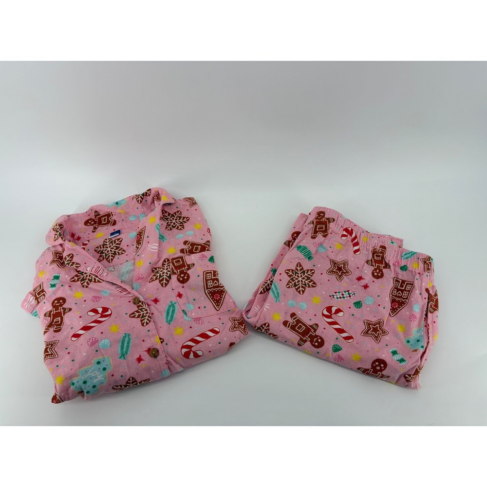 Old Navy Womens M Pink Pajama Set Gingerbread Flannel Long Sleeve Cotton 2 Piece